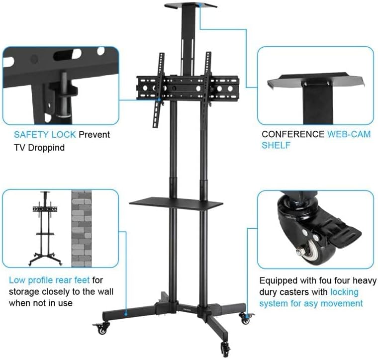 Premium Heavy-Duty Mobile TV Cart Stand with Wheels for 32 to 65 Inch Flat Curved Screens – Height Adjustable Rolling Television Floor Stand with AV Component Shelf 360° Swivel Casters Max VESA 600x400mm Universal Fit for Office Classroom and Home Media - Image 5