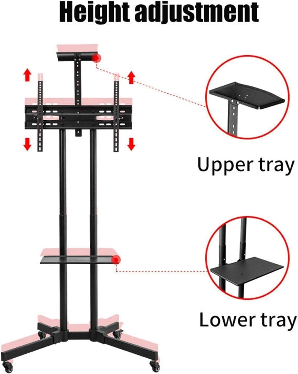 Premium Heavy-Duty Mobile TV Cart Stand with Wheels for 32 to 65 Inch Flat Curved Screens – Height Adjustable Rolling Television Floor Stand with AV Component Shelf 360° Swivel Casters Max VESA 600x400mm Universal Fit for Office Classroom and Home Media - Image 3