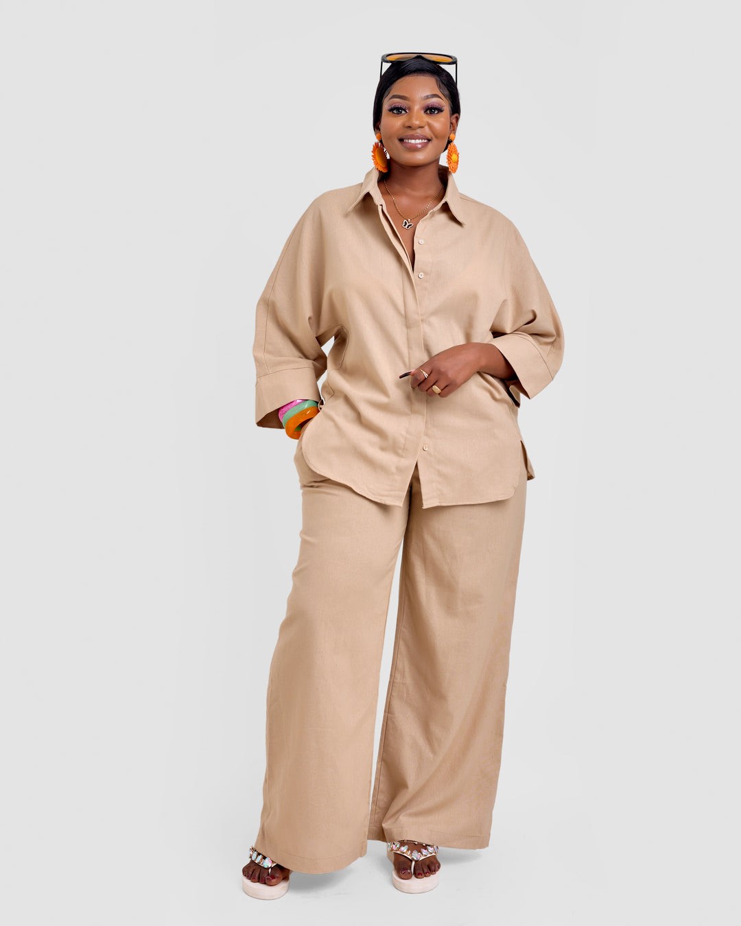Premium Women’s Stylish Two-Piece Matching Pants Set – Fashionable Long-Sleeve Button-Down Collared Blouse Shirt and High-Waisted Loose Wide-Leg Long Trousers Lounge Outfit Co-Ord Set for Casual, Office, and Streetwear - Image 2
