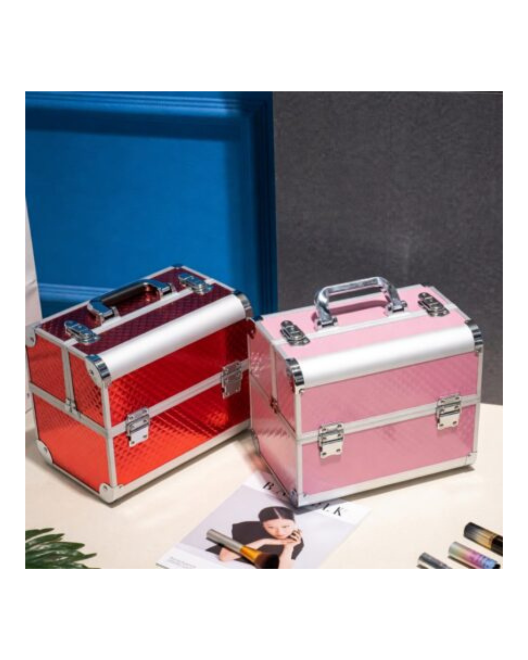 Professional Makeup Train Case Jewelry Organizer 4 Tier Cantilever Trays Aluminum Cosmetic Travel Case Secure Password Lock Mirror Large Capacity Beauty Box Portable Vanity Suitcase Professional Mua Stylist Kit Storage Box
