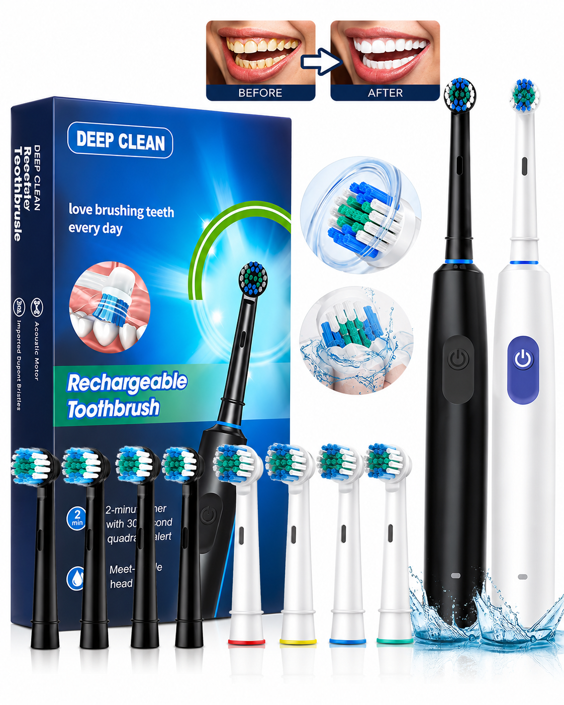 Rechargeable Electric Toothbrush with Replacement Brush Heads 3D Deep Cleaning Power Toothbrush Smart Timer & Pressure Sensor