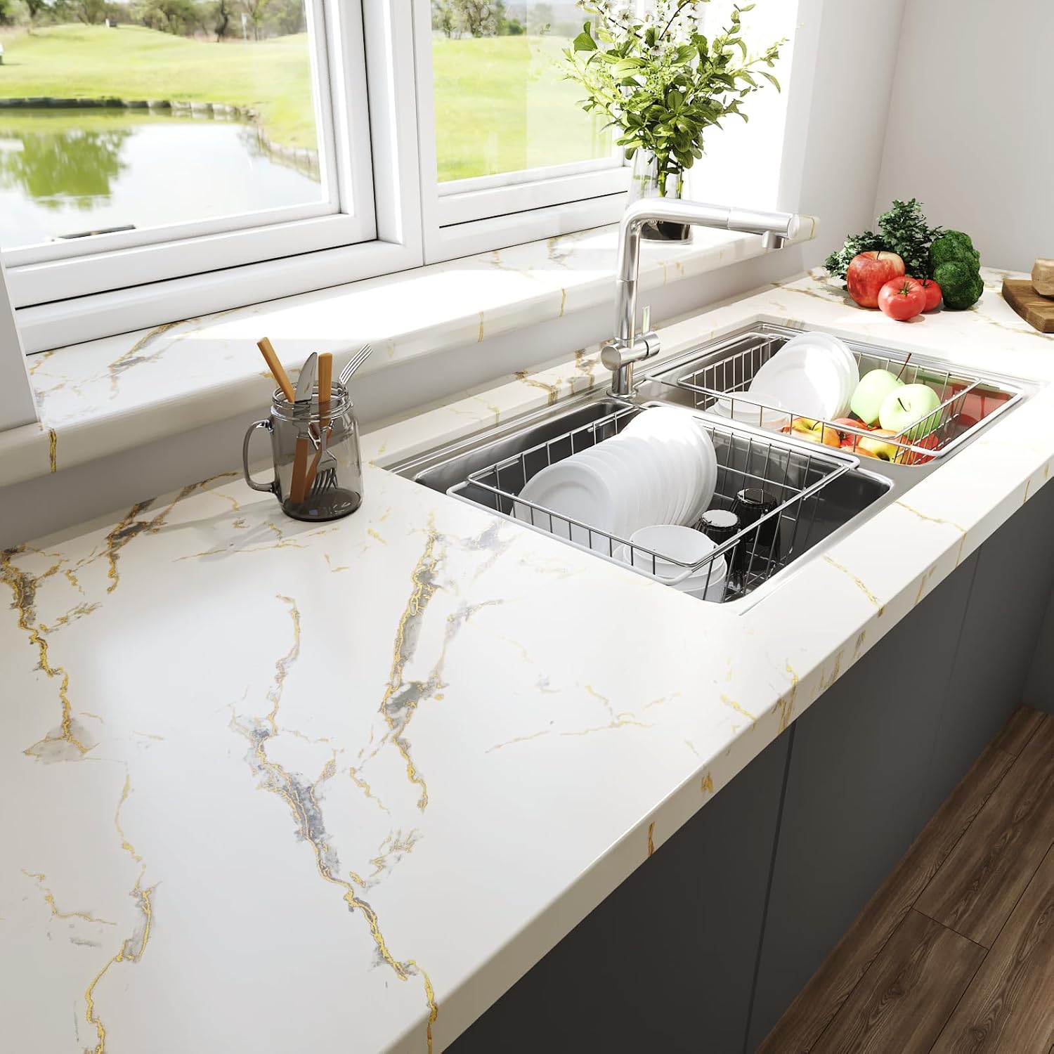 Premium Self-Adhesive Waterproof Marble Wallpaper with Gold Veining – Peel and Stick Contact Paper for Countertops Vanities Tables and Wall Renovations - Image 6
