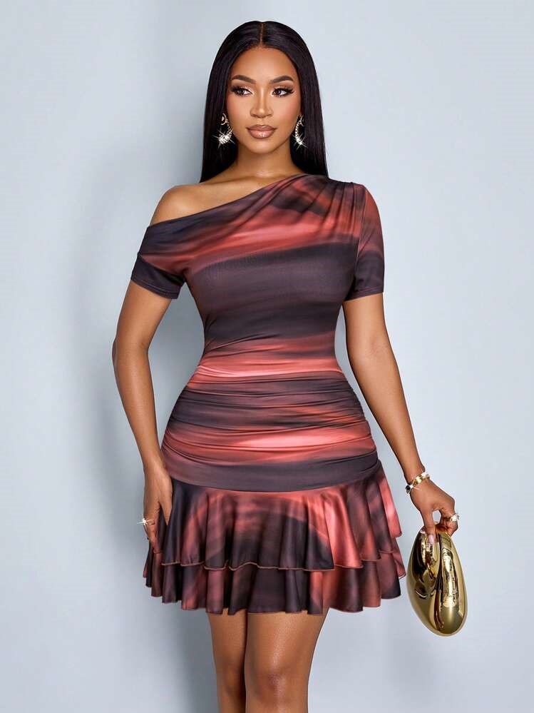 Women's Elegant Asymmetric One-Shoulder Ruched Bodycon Mini Dress – Sexy Off-Shoulder Tie-Dye Gradient Print Cocktail Party Dress with Flared Tiered Ruffle Hemline for Summer Vacations Clubwear and Evening Events