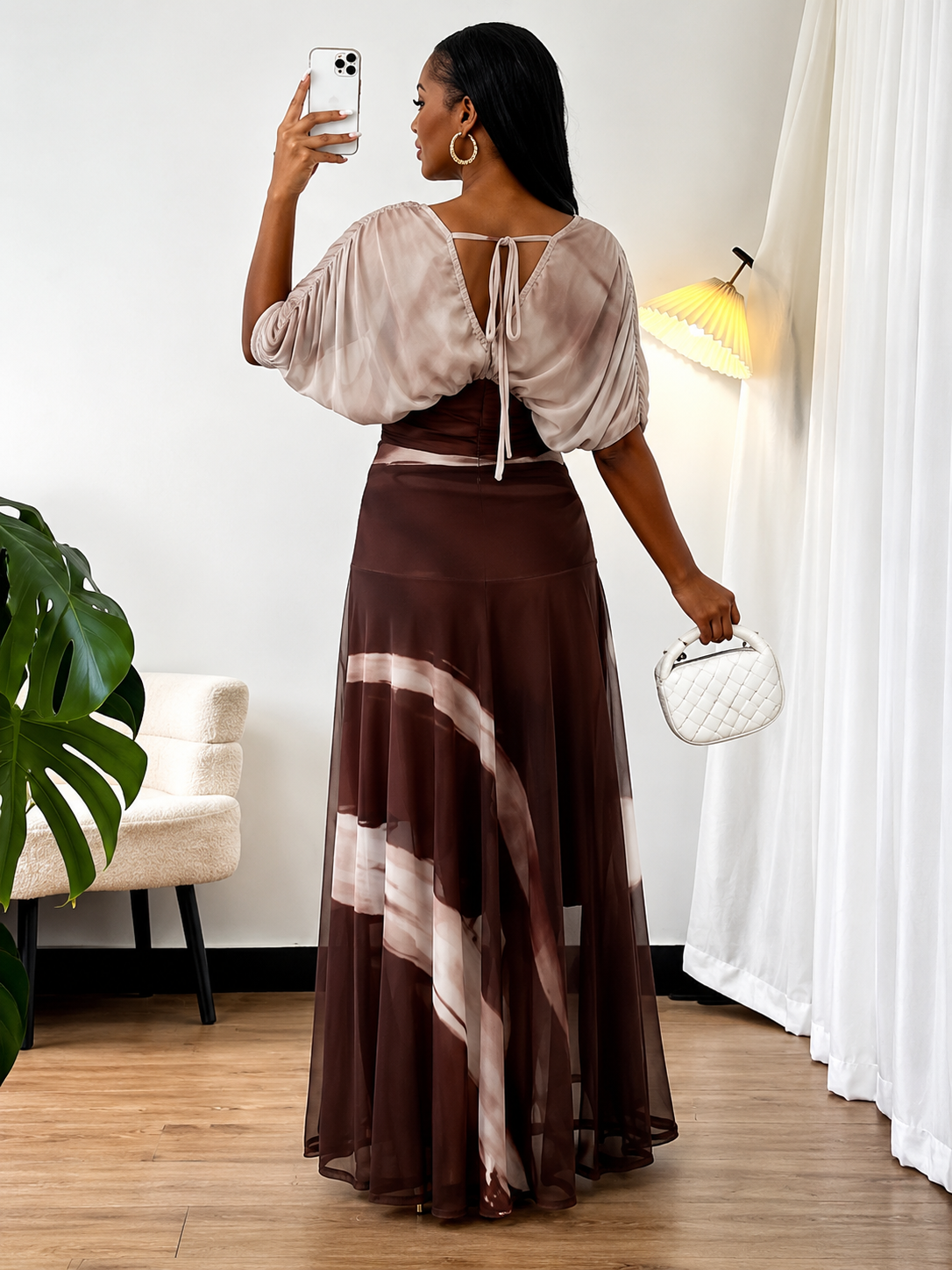 Women's Elegant Draped Deep V-Neck Chiffon Maxi Dress – Flowing Batwing Short Sleeves Ruched Empire High Waist Tie-Dye Ombré Sunset Gradient Overlay Full-Length A-Line Evening Gown and Luxury Vacation Resort Slip Skirt Dress - Image 3