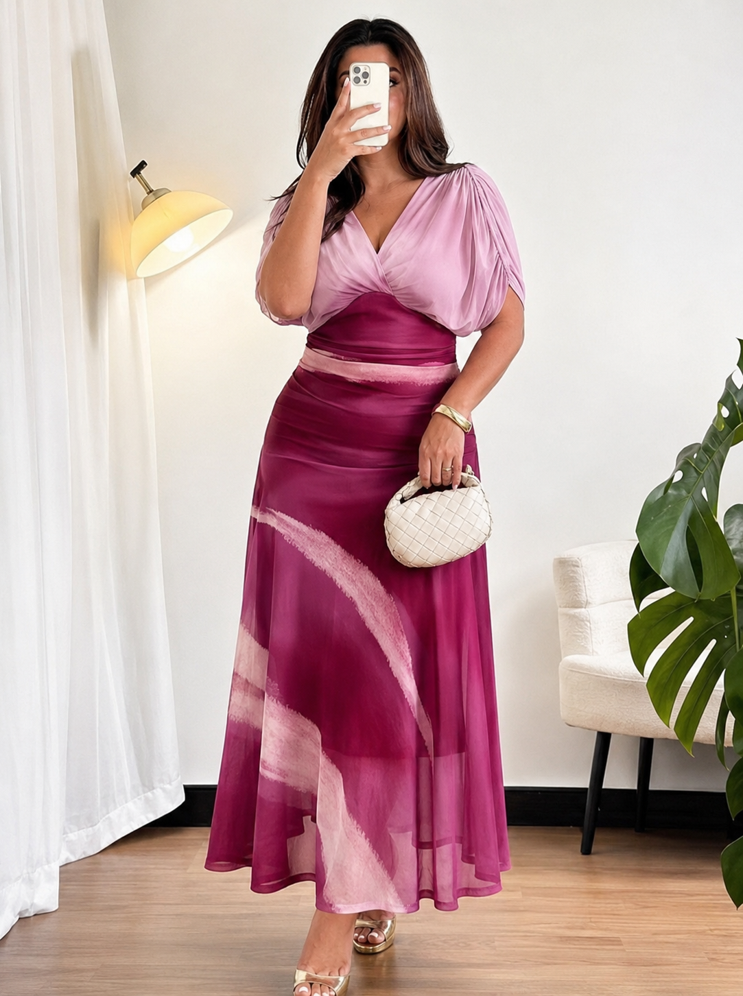 Women's Elegant Draped Deep V-Neck Chiffon Maxi Dress – Flowing Batwing Short Sleeves Ruched Empire High Waist Tie-Dye Ombré Sunset Gradient Overlay Full-Length A-Line Evening Gown and Luxury Vacation Resort Slip Skirt Dress - Image 2