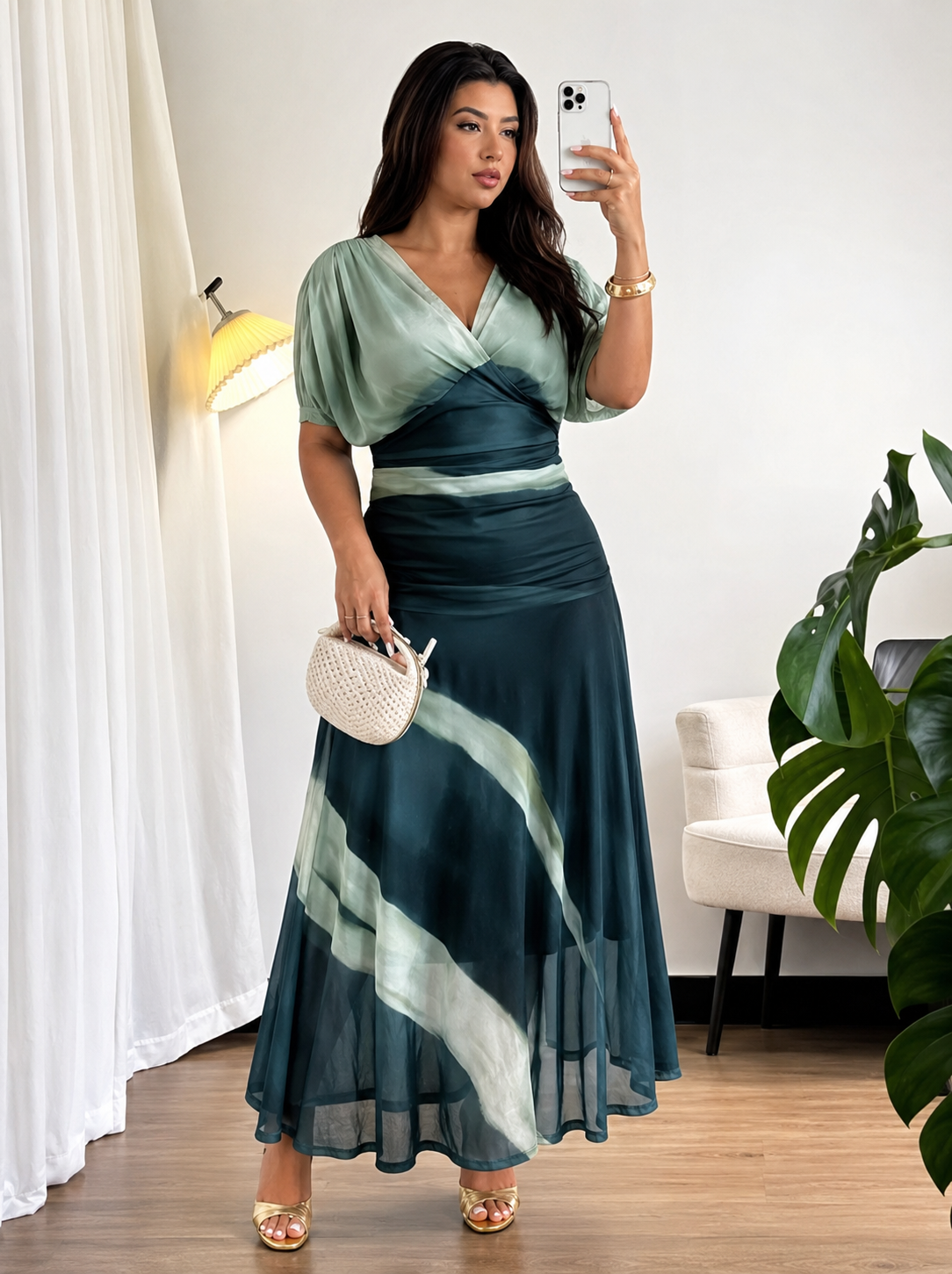 Women's Elegant Draped Deep V-Neck Chiffon Maxi Dress – Flowing Batwing Short Sleeves Ruched Empire High Waist Tie-Dye Ombré Sunset Gradient Overlay Full-Length A-Line Evening Gown and Luxury Vacation Resort Slip Skirt Dress - Image 4