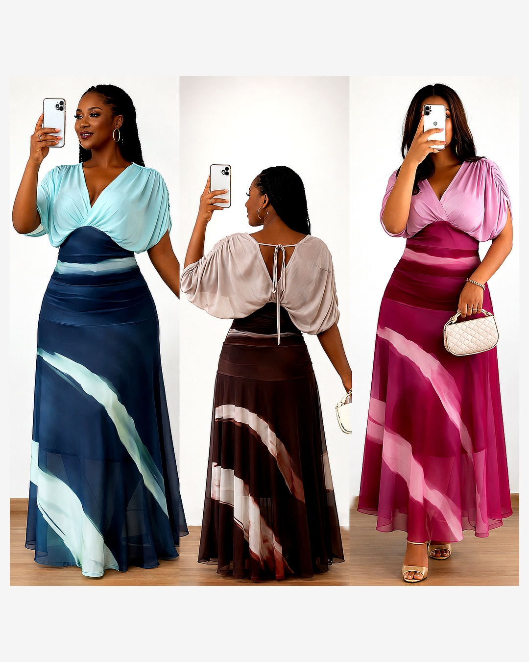 Women's Elegant Draped Deep V-Neck Chiffon Maxi Dress – Flowing Batwing Short Sleeves Ruched Empire High Waist Tie-Dye Ombré Sunset Gradient Overlay Full-Length A-Line Evening Gown and Luxury Vacation Resort Slip Skirt Dress