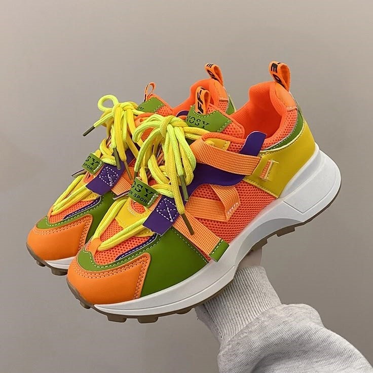 Women's Premium Fashion Color-Block Chunky Sneakers: Breathable Mesh Lace-Up Platform Shoes with Thick Non-Slip Soles Height-Increasing Design and Vibrant Multi-Color Paneling for Casual Outdoor Walking and Athletic Streetwear Trends - Image 2