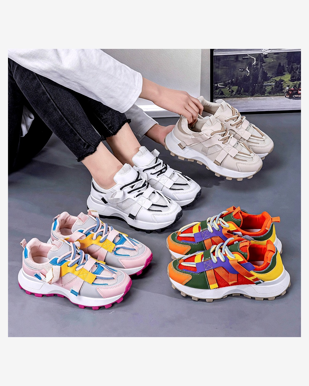 Women's Premium Fashion Color-Block Chunky Sneakers: Breathable Mesh Lace-Up Platform Shoes with Thick Non-Slip Soles Height-Increasing Design and Vibrant Multi-Color Paneling for Casual Outdoor Walking and Athletic Streetwear Trends