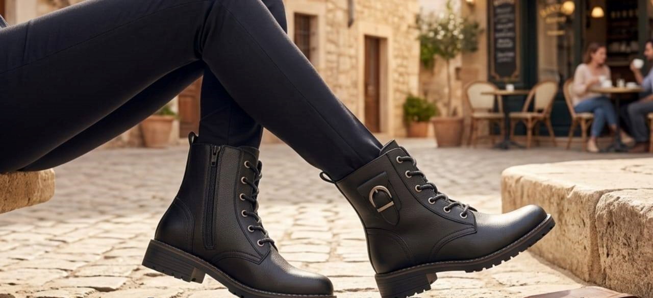 Women's Premium Black Vegan Leather Combat Ankle Boots – Stylish Lace-Up Military Fashion Booties with Side Zipper Adjustable Buckle Detail and Durable Non-Slip Lug Sole for Tactical Motorcycle or Everyday Casual Wear - Image 2