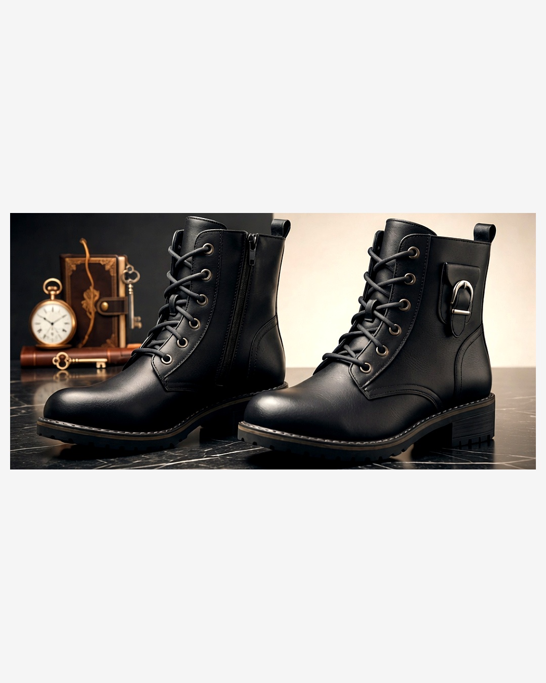 Women's Premium Black Vegan Leather Combat Ankle Boots – Stylish Lace-Up Military Fashion Booties with Side Zipper Adjustable Buckle Detail and Durable Non-Slip Lug Sole for Tactical Motorcycle or Everyday Casual Wear