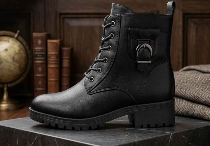 Women's Premium Black Vegan Leather Combat Ankle Boots – Stylish Lace-Up Military Fashion Booties with Side Zipper Adjustable Buckle Detail and Durable Non-Slip Lug Sole for Tactical Motorcycle or Everyday Casual Wear - Image 3