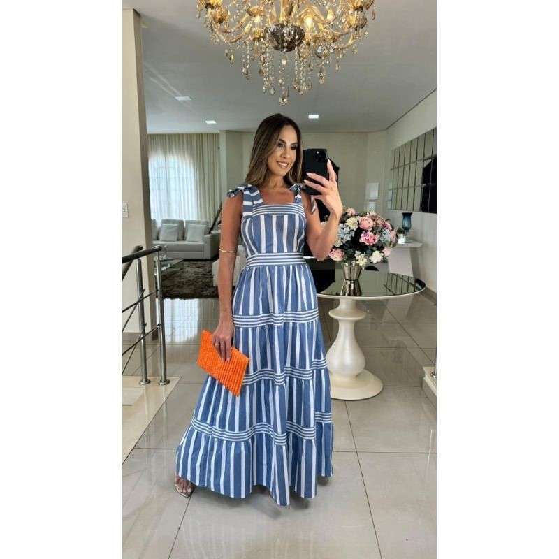 Women's Stylish Multi-Directional Striped Summer A-Line Maxi Dress with Wide Adjustable Bow-Tie Shoulder Straps Structured High-Waist Bodice and Flared Geometric Pattern Paneled Long Sun Dress - Image 5