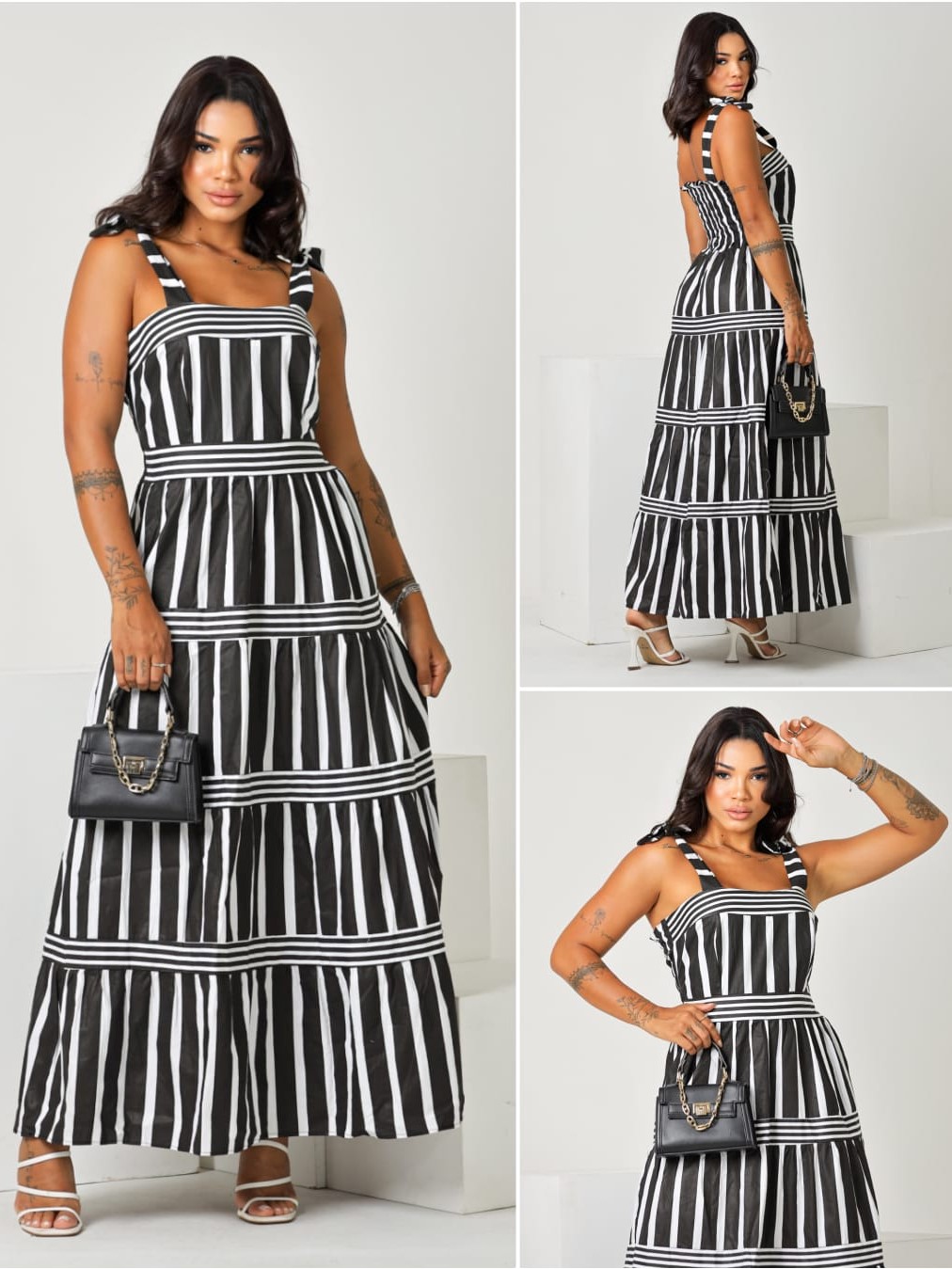 Women's Stylish Multi-Directional Striped Summer A-Line Maxi Dress with Wide Adjustable Bow-Tie Shoulder Straps Structured High-Waist Bodice and Flared Geometric Pattern Paneled Long Sun Dress