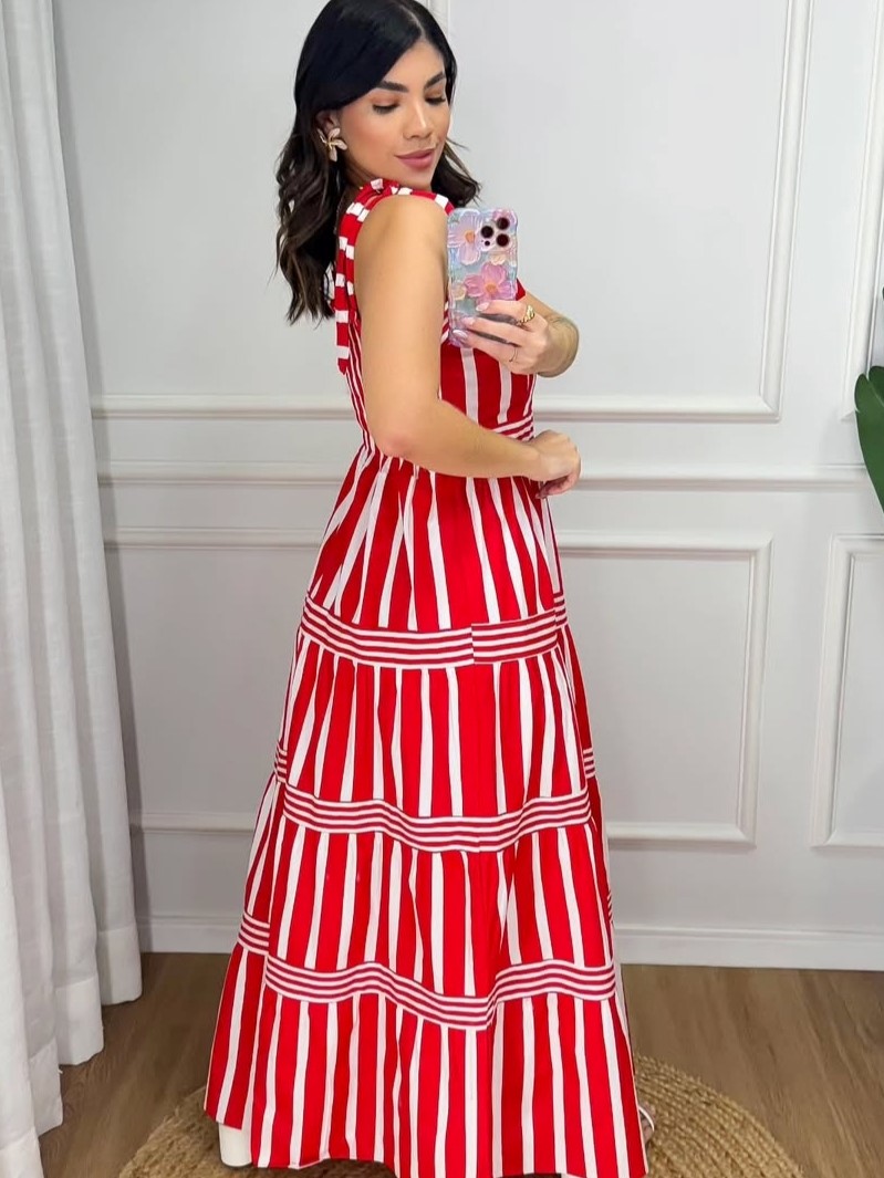 Women's Stylish Multi-Directional Striped Summer A-Line Maxi Dress with Wide Adjustable Bow-Tie Shoulder Straps Structured High-Waist Bodice and Flared Geometric Pattern Paneled Long Sun Dress - Image 4