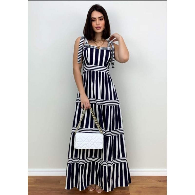 Women's Stylish Multi-Directional Striped Summer A-Line Maxi Dress with Wide Adjustable Bow-Tie Shoulder Straps Structured High-Waist Bodice and Flared Geometric Pattern Paneled Long Sun Dress - Image 3