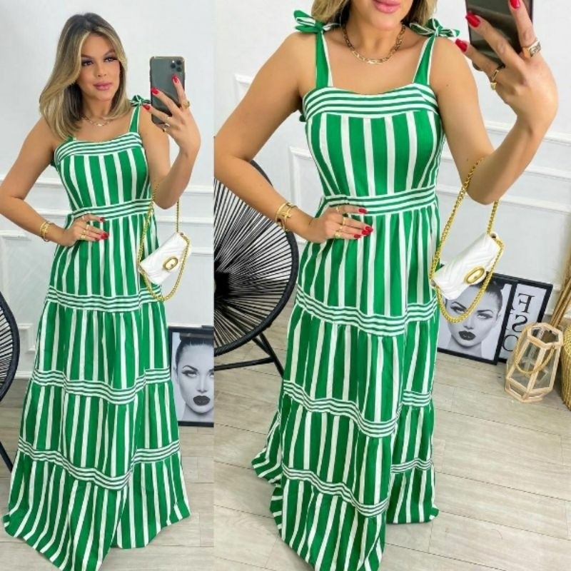 Women's Stylish Multi-Directional Striped Summer A-Line Maxi Dress with Wide Adjustable Bow-Tie Shoulder Straps Structured High-Waist Bodice and Flared Geometric Pattern Paneled Long Sun Dress - Image 2