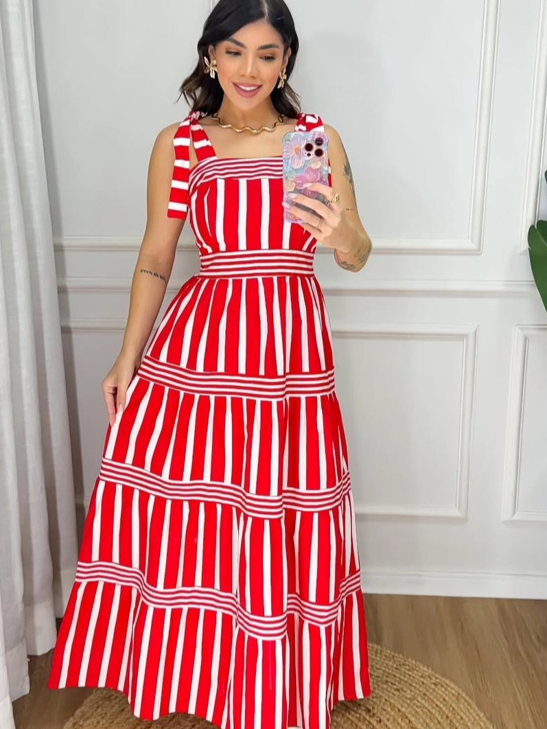 Women's Stylish Multi-Directional Striped Summer A-Line Maxi Dress with Wide Adjustable Bow-Tie Shoulder Straps Structured High-Waist Bodice and Flared Geometric Pattern Paneled Long Sun Dress - Image 7