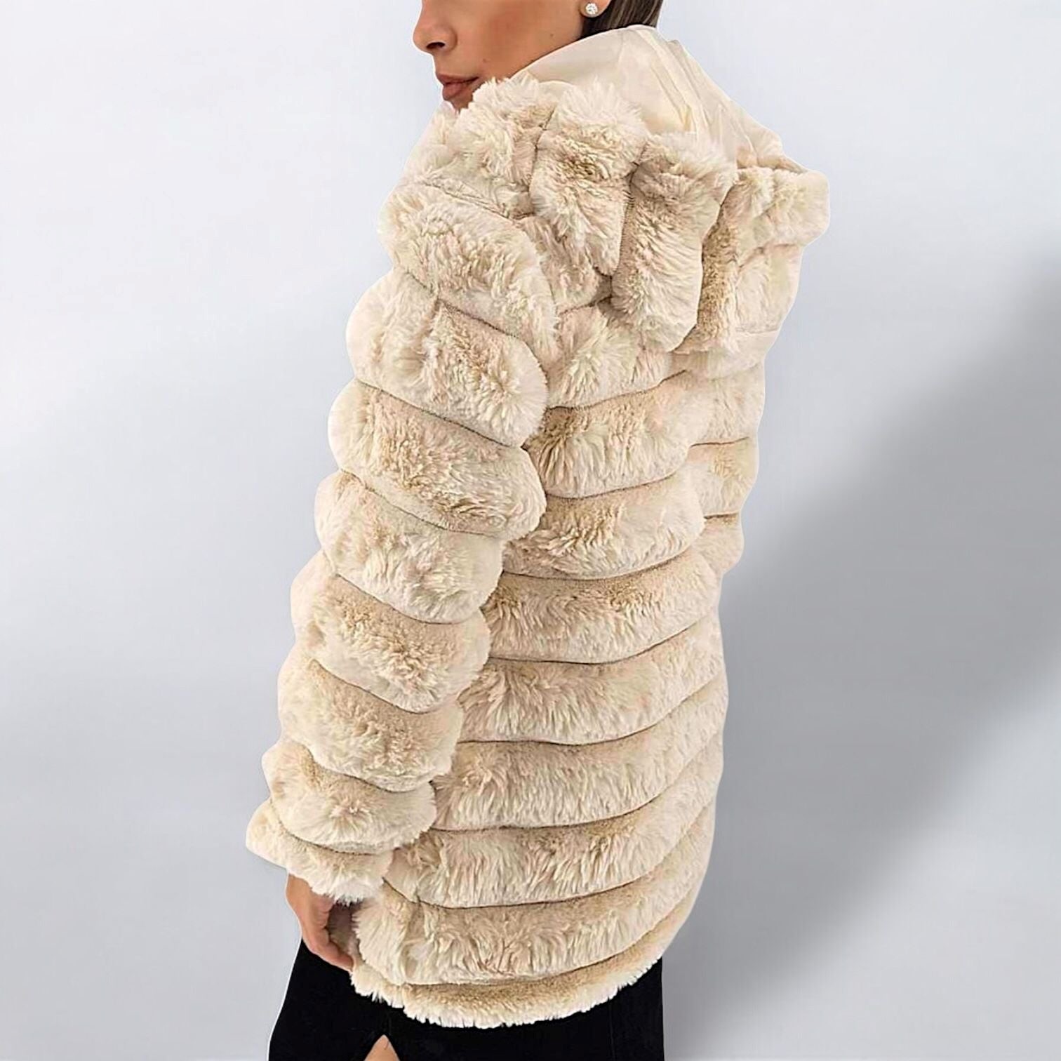 Luxury Faux Fur Jacket Women’s Winter Coat with Hood – Fluffy Warm Hooded Outerwear - Elegant Vegan Fur Shaggy Overcoat - Stylish Boutique Fashion – High-Quality Plush Jacket - Image 4