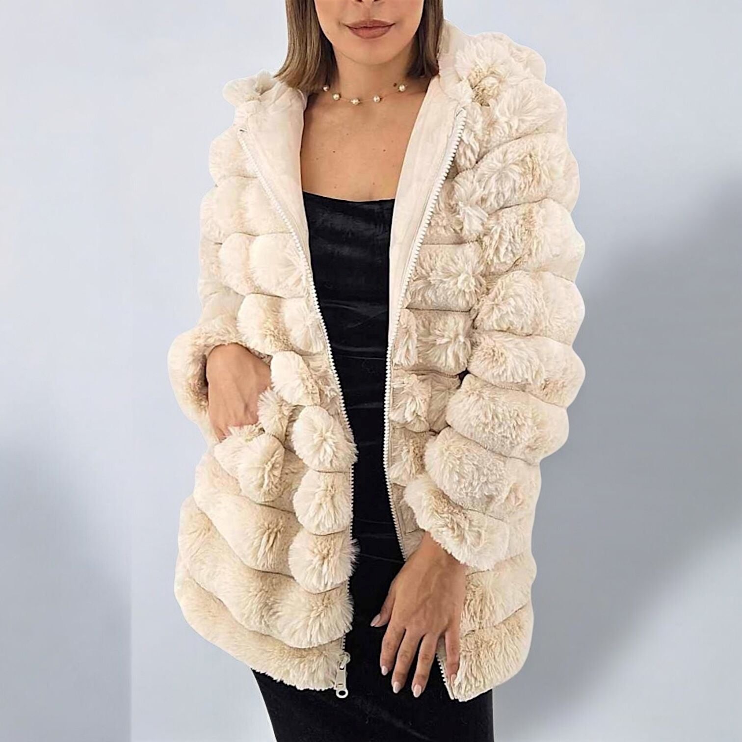 Luxury Faux Fur Jacket Women’s Winter Coat with Hood – Fluffy Warm Hooded Outerwear - Elegant Vegan Fur Shaggy Overcoat - Stylish Boutique Fashion – High-Quality Plush Jacket - Image 2